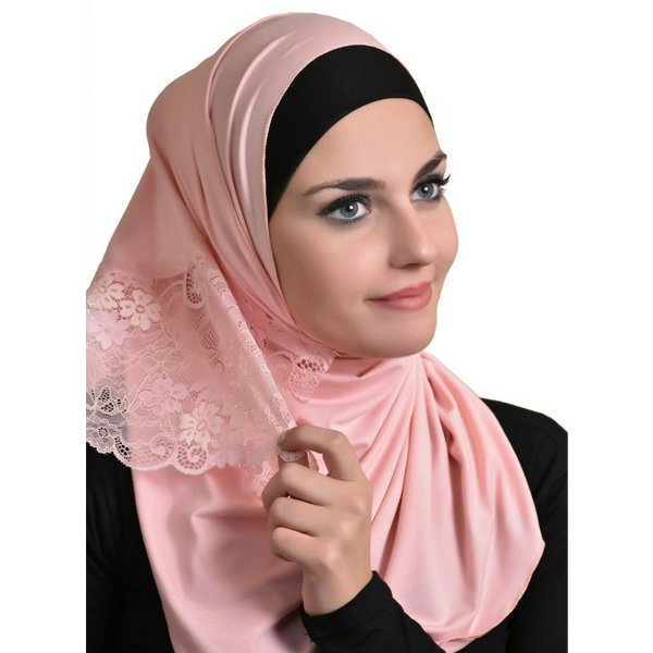 Women Floral Lace Edges Hijab Shawl Cotton Muslim Scarves Maxi Scarf Baby Pink 